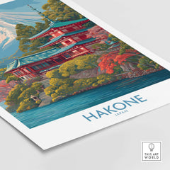 Hakone Japan Wall Art - Japan Travel Print depicting a beautiful landscape with traditional Japanese architecture.