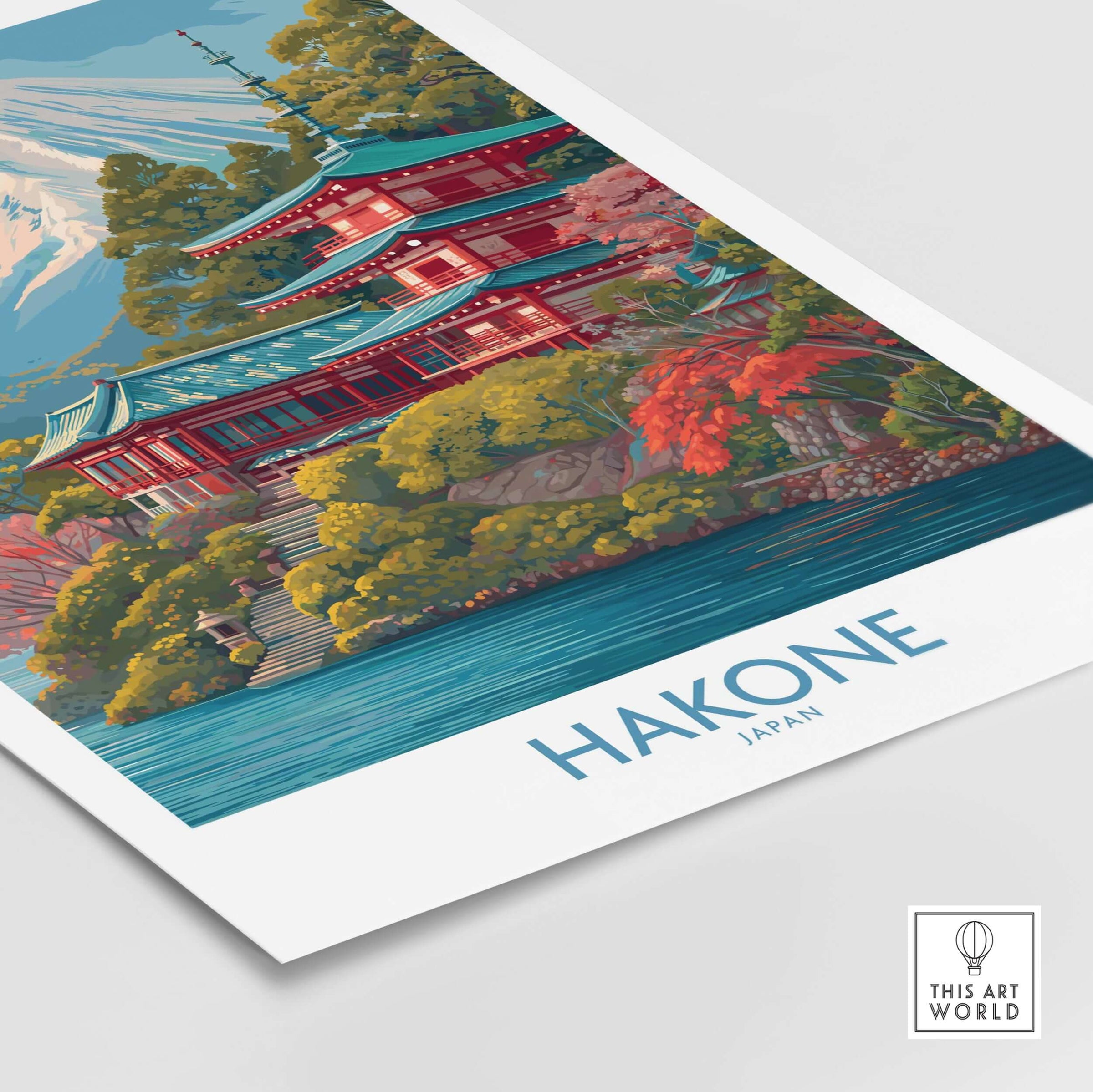 Hakone Japan Wall Art - Japan Travel Print depicting a beautiful landscape with traditional Japanese architecture.