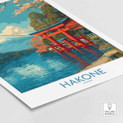 Hakone Wall Art Japan Red Torii Gate Poster featuring a vibrant red Torii gate against a serene Japanese landscape.