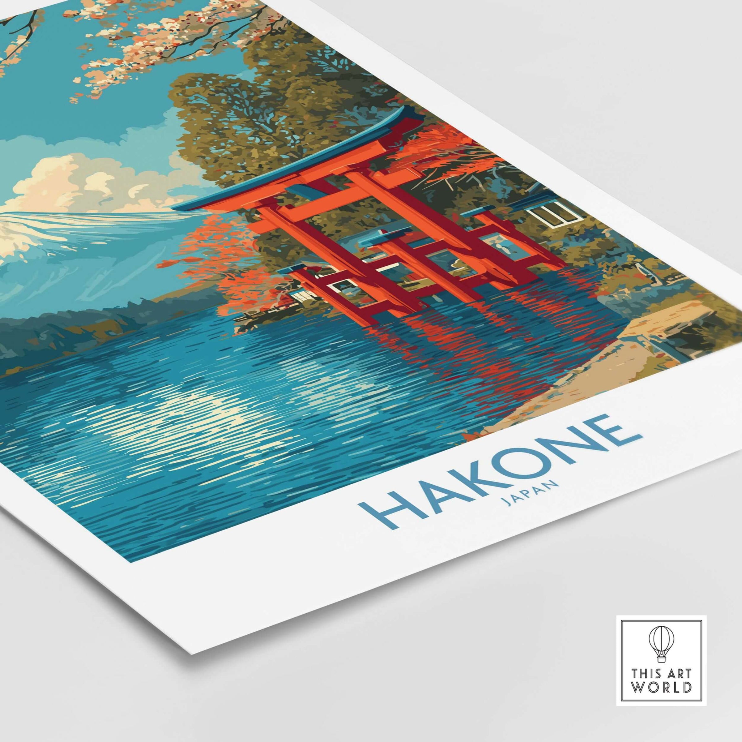 Hakone Wall Art Japan Red Torii Gate Poster featuring a vibrant red Torii gate against a serene Japanese landscape.