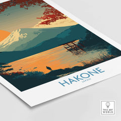 Hakone Japan Wall Art Lake Ashi Print - Japanese Spiritual Poster featuring landscape design with mountains and water.