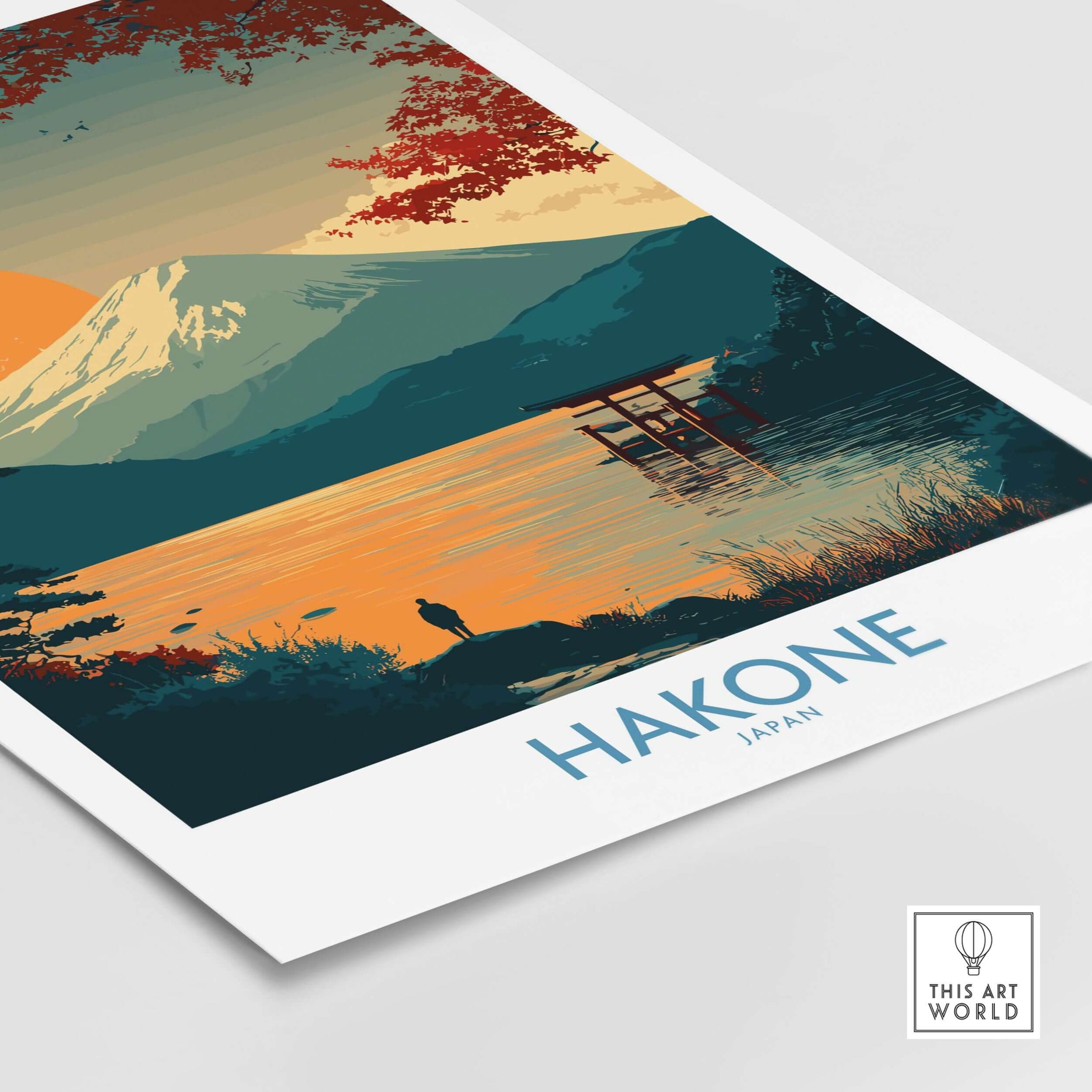 Hakone Japan Wall Art Lake Ashi Print - Japanese Spiritual Poster featuring landscape design with mountains and water.