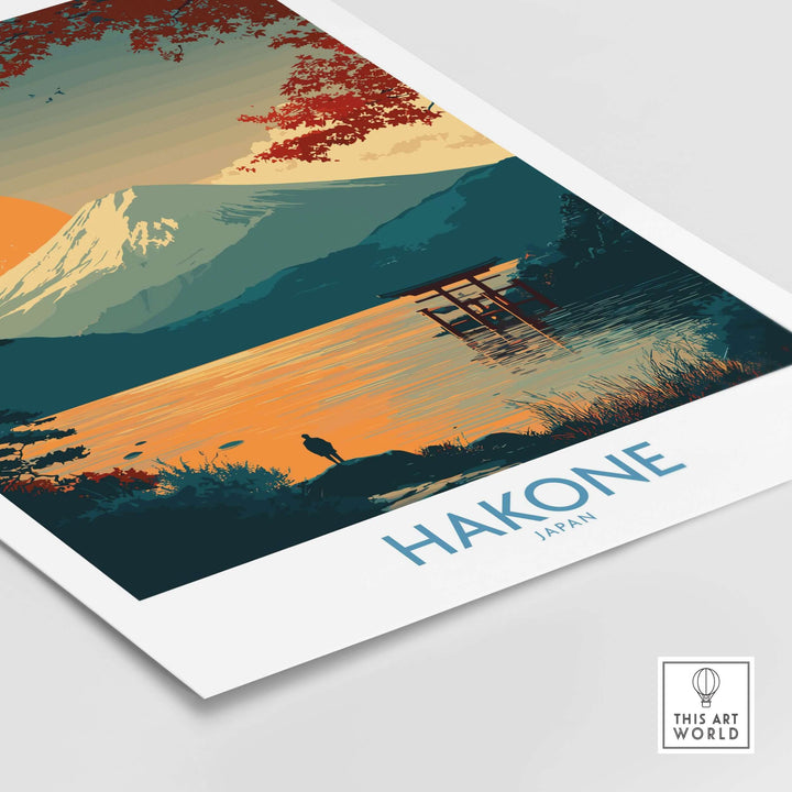 Hakone Japan wall art print featuring serene Lake Ashi, Mount Fuji, and traditional architecture at sunset.