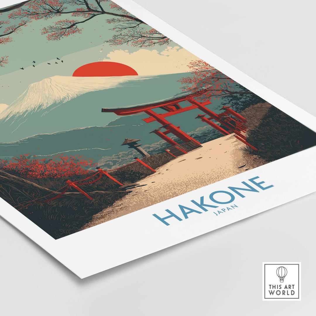 Hakone Japan wall art featuring a Peace Gate shrine and autumn cherry blossoms with Mount Fuji in the background.
