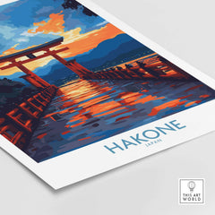 Hakone Wall Art - Japan Travel Poster featuring a serene sunset landscape with torii gate reflection.