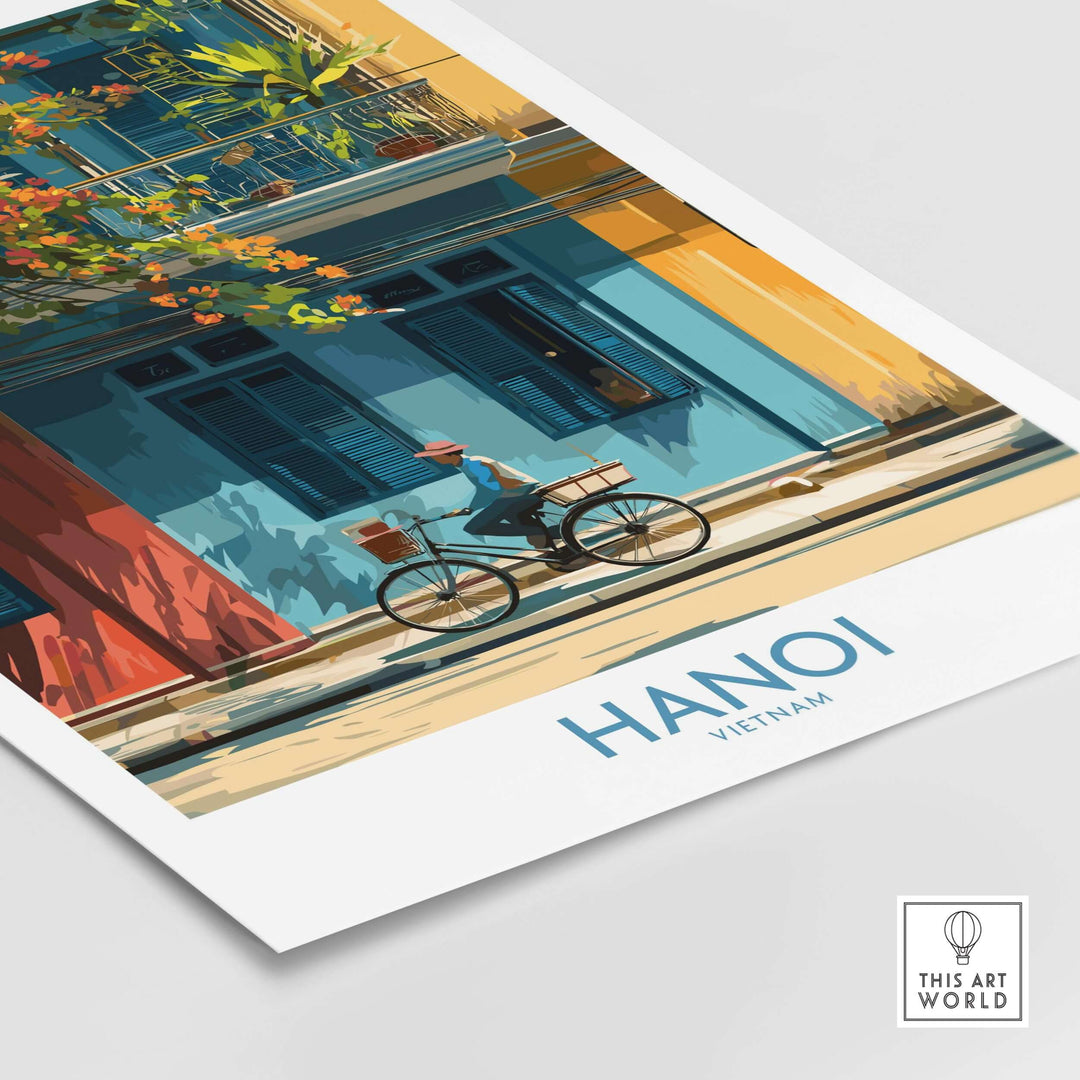 Hanoi poster featuring a cyclist against vibrant city architecture, showcasing Vietnam wall art.