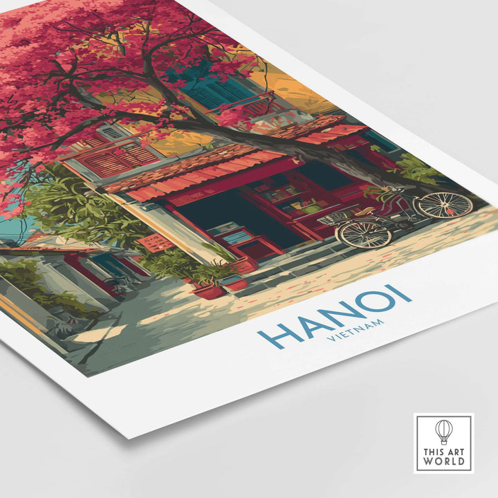 Hanoi Vietnam poster featuring a vibrant street scene with pink flowers and traditional architecture.