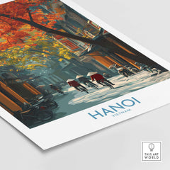 Hanoi Wall Art Vietnam Old Quarter - Traditional Vietnamese Life showcasing vibrant street scene with autumn foliage.