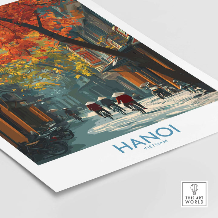 Hanoi wall art depicting traditional Vietnamese life in the Old Quarter with vibrant autumn leaves.