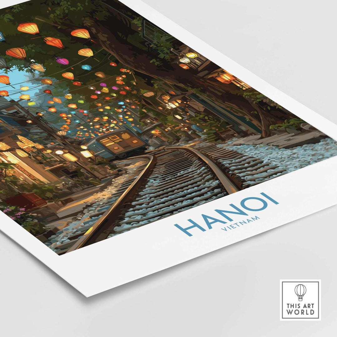 Vibrant Hanoi Train Street wall art print featuring colorful lanterns and train tracks, capturing Vietnam's charm.