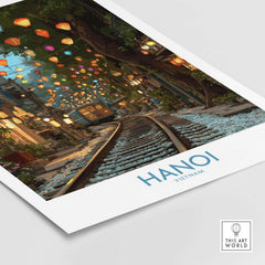 Hanoi Vietnam Train Street Wall Art - Hanoi Travel Print showcasing colorful lanterns and a vibrant railway scene.