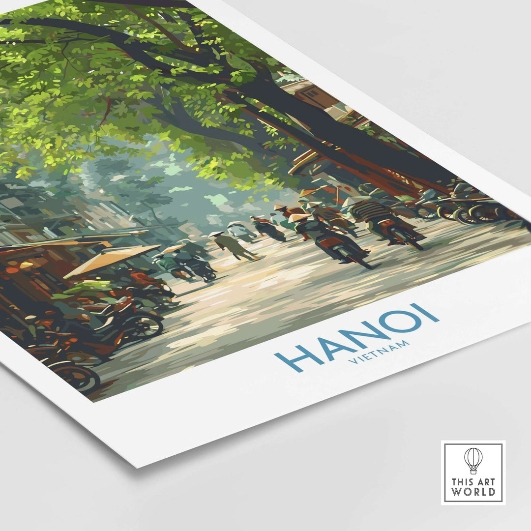 Hanoi Vietnam street wall art poster showcasing vibrant mid-street scene with motorcycles and greenery.