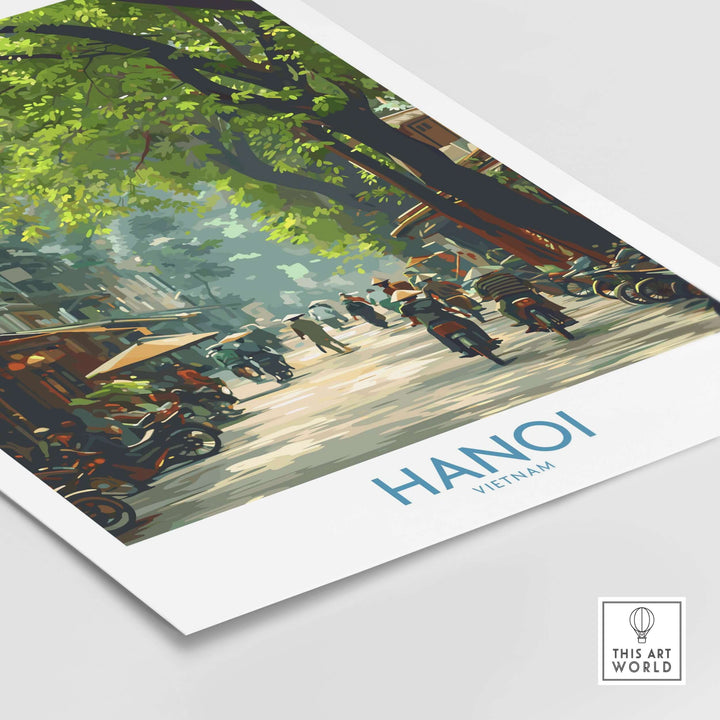 Hanoi Vietnam street wall art poster showcasing vibrant mid-street scene with motorcycles and greenery.