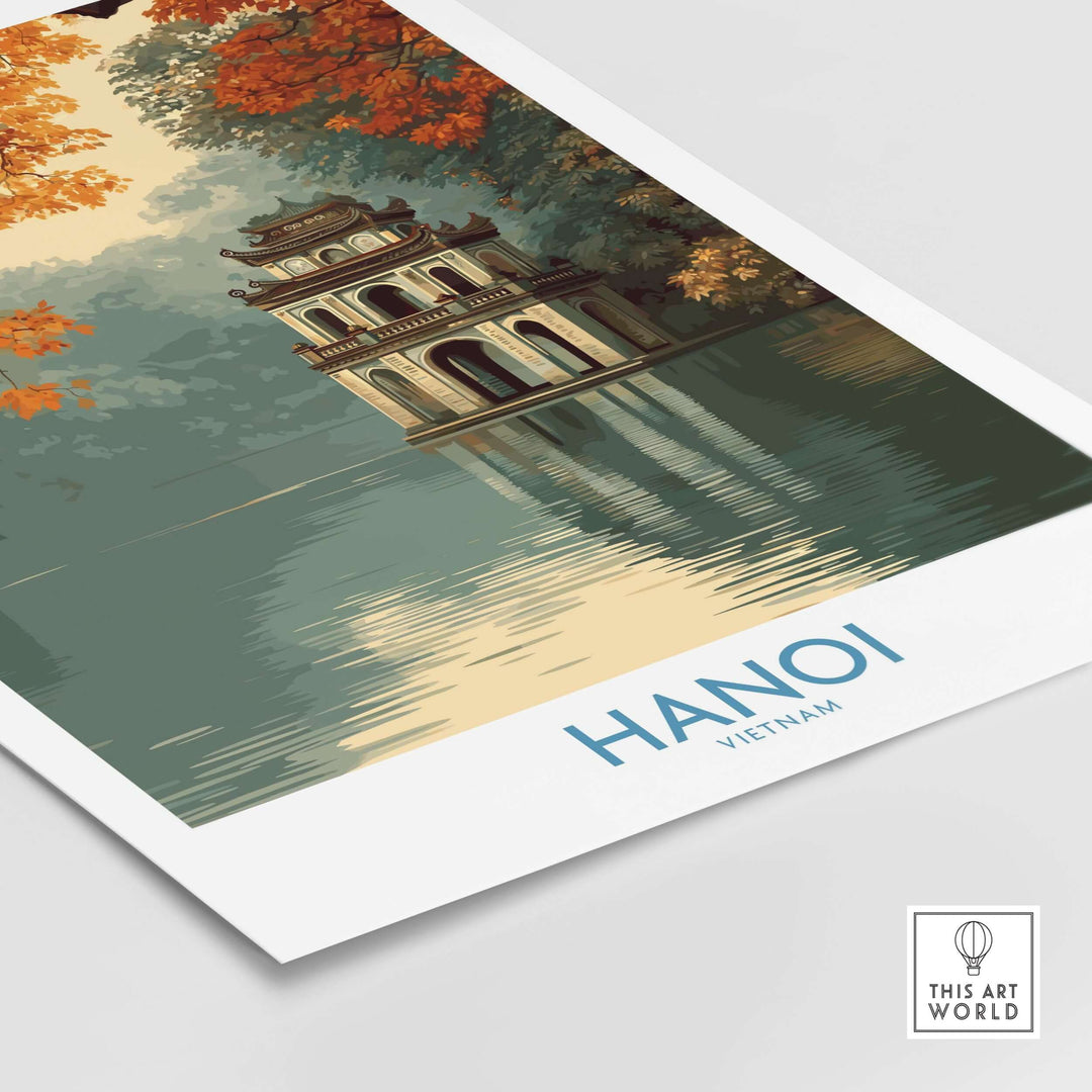 Hanoi Vietnam Turtle Tower wall art featuring vibrant autumn colors and a serene reflection on water.