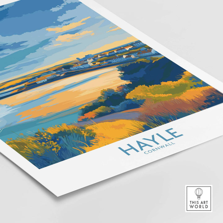 Hayle Estuary Panorama Wall Art depicting colorful Cornwall coastline and serene water landscape.