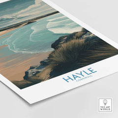 Hayle Sandy Beach Poster - Cornish Travel Decor featuring a serene coastal landscape and tranquil waves.