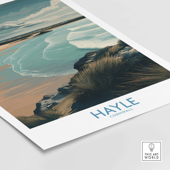 Hayle Sandy Beach poster showcasing a scenic view of Cornwall's coastline with serene waves and sandy shores.