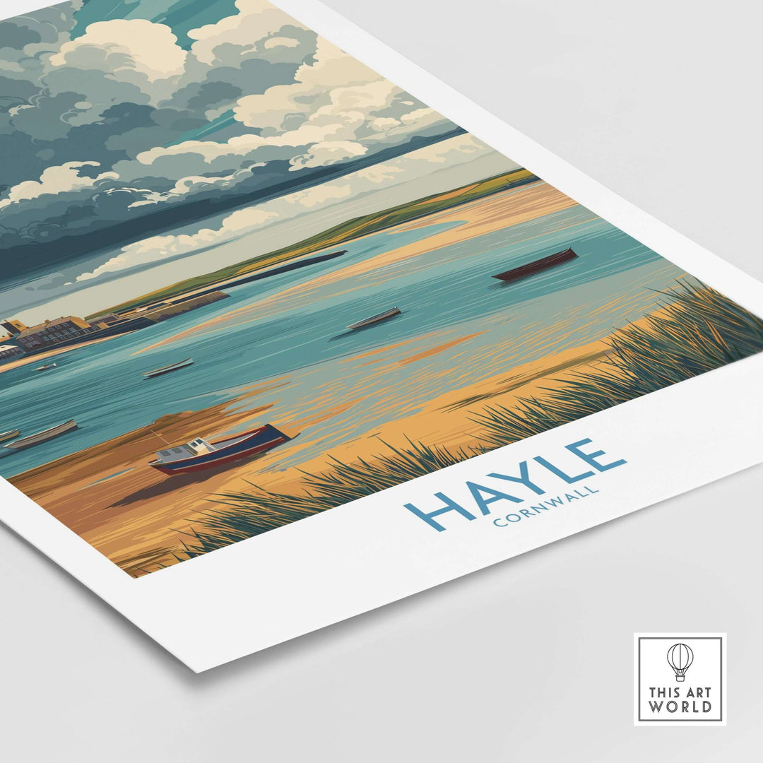 Hayle Cornwall Stormy Sky seascape poster showcasing boats on the beach under dramatic clouds.