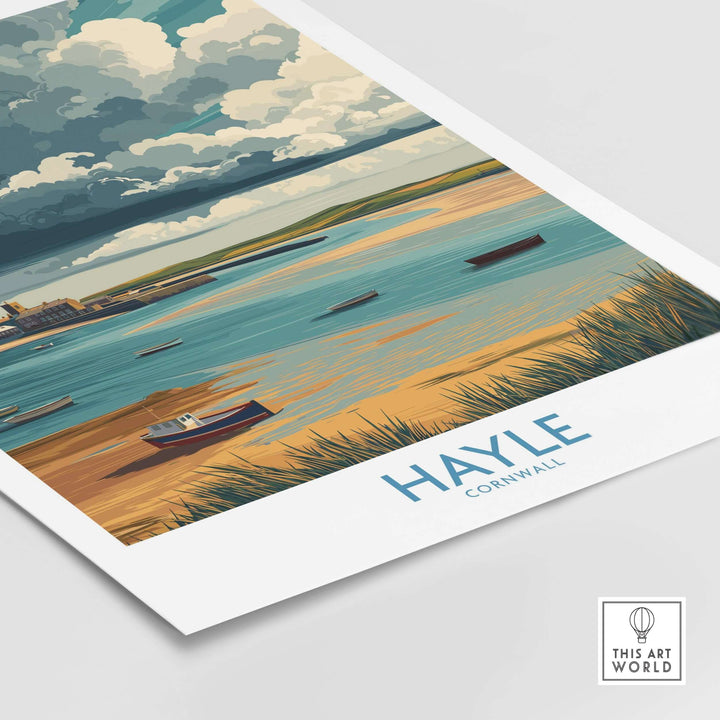 Hayle Cornwall Stormy Sky seascape poster showcasing boats on the beach under dramatic clouds.