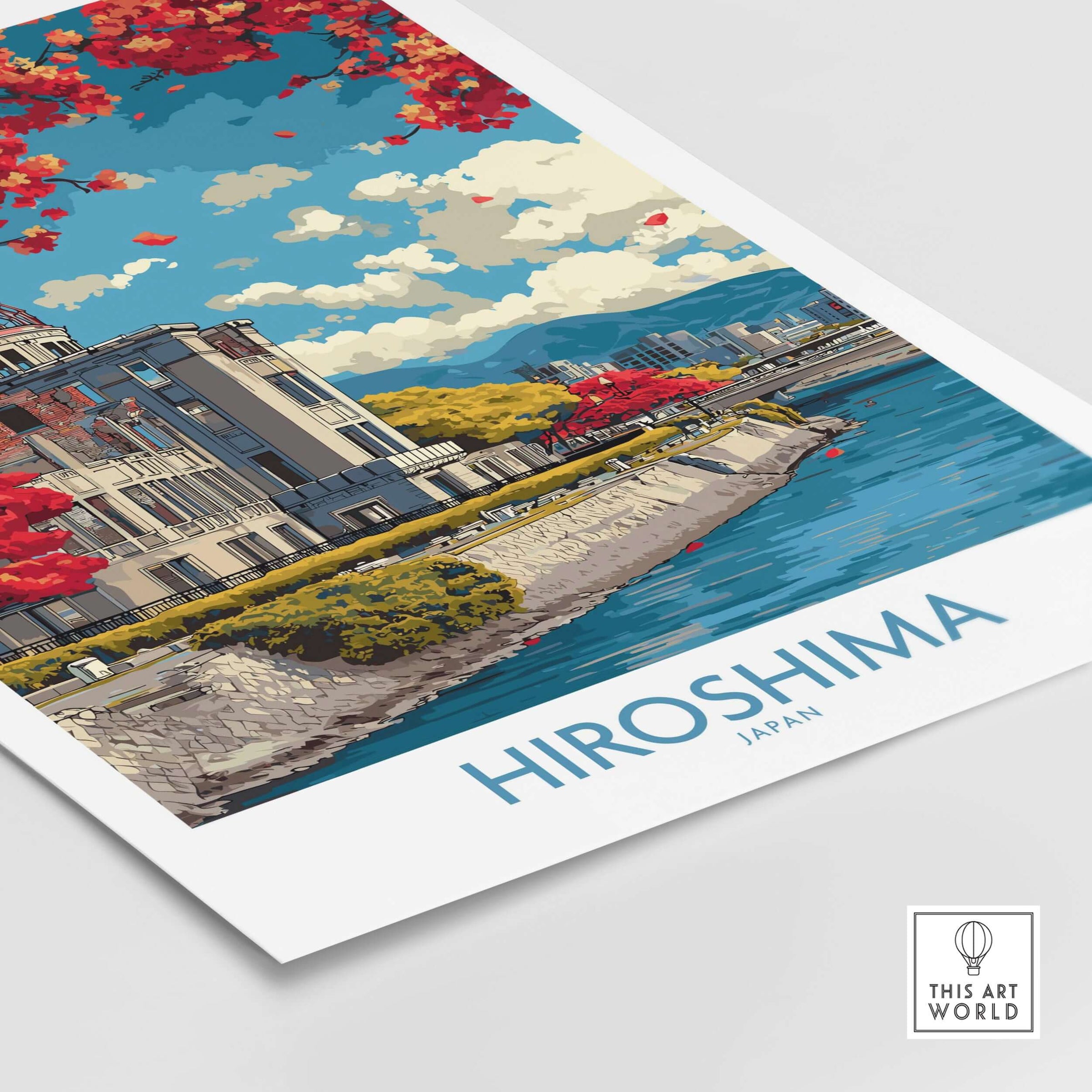 Hiroshima Japan Genbaku Dome Poster - Historic Landmark Decor showcasing the iconic Genbaku Dome by the river.