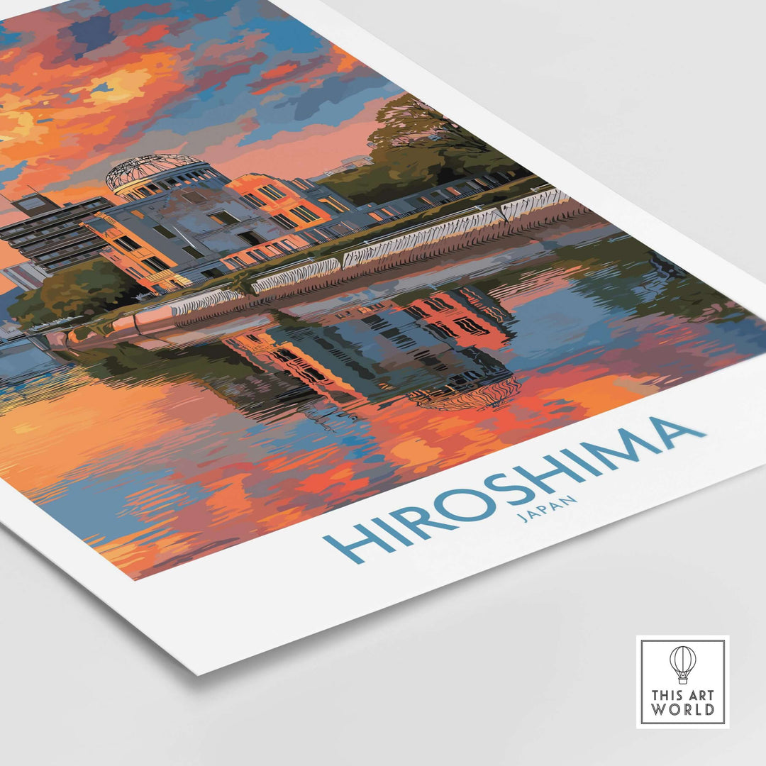 Hiroshima cityscape print depicting vibrant sunset reflections over historic skyline in Japan.