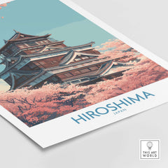 Hiroshima Wall Art Print Japan Cherry Blossom Poster featuring a serene cherry blossom scene with a backdrop of historical architecture.