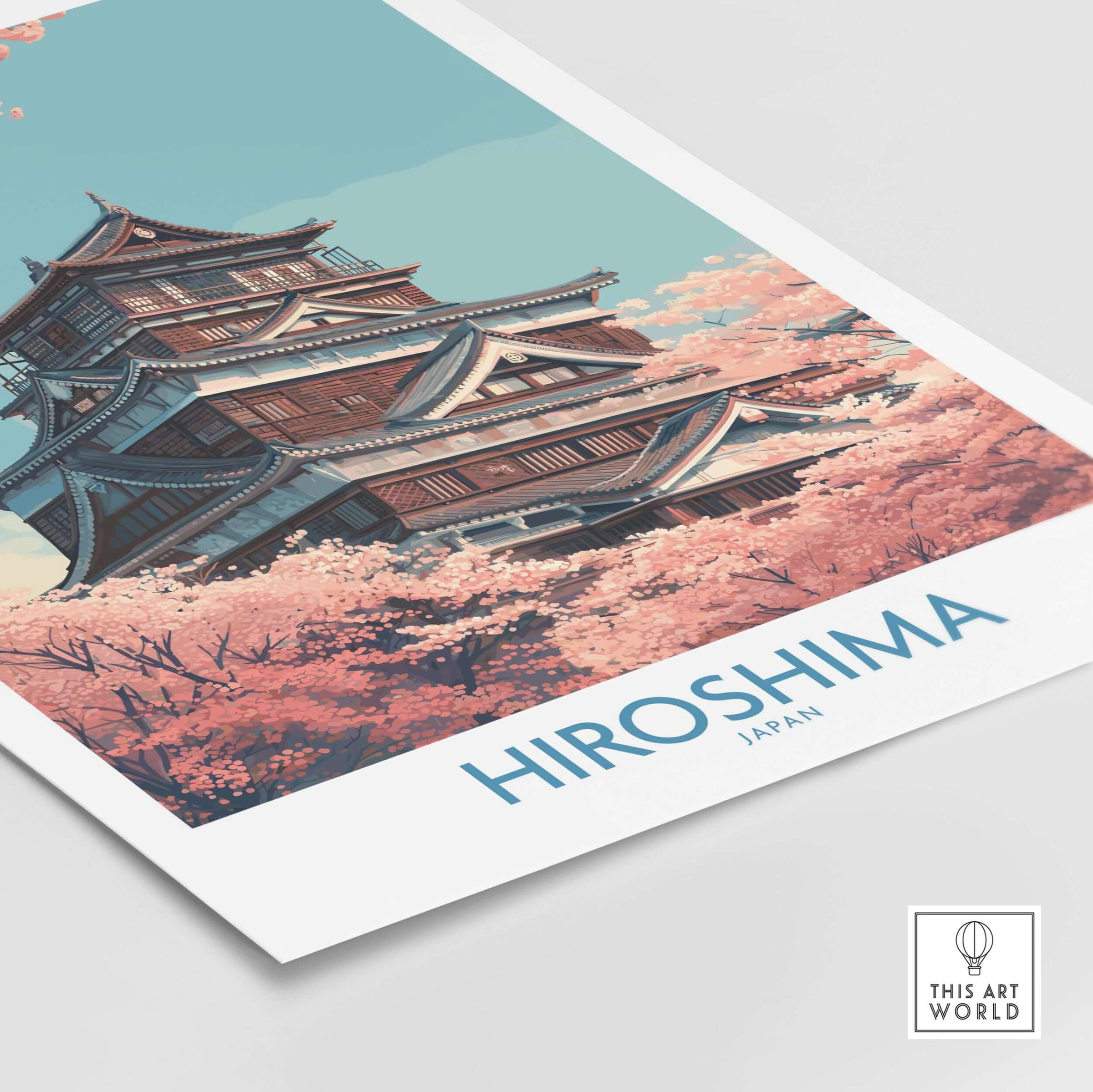 Hiroshima Wall Art Print Japan Cherry Blossom Poster featuring a serene cherry blossom scene with a backdrop of historical architecture.