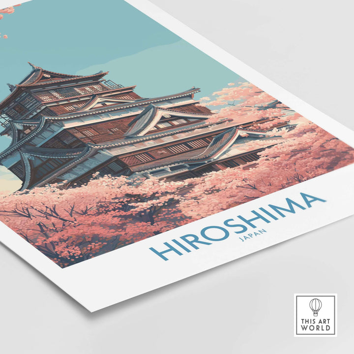 Hiroshima wall art print featuring cherry blossoms and a traditional Japanese castle design.