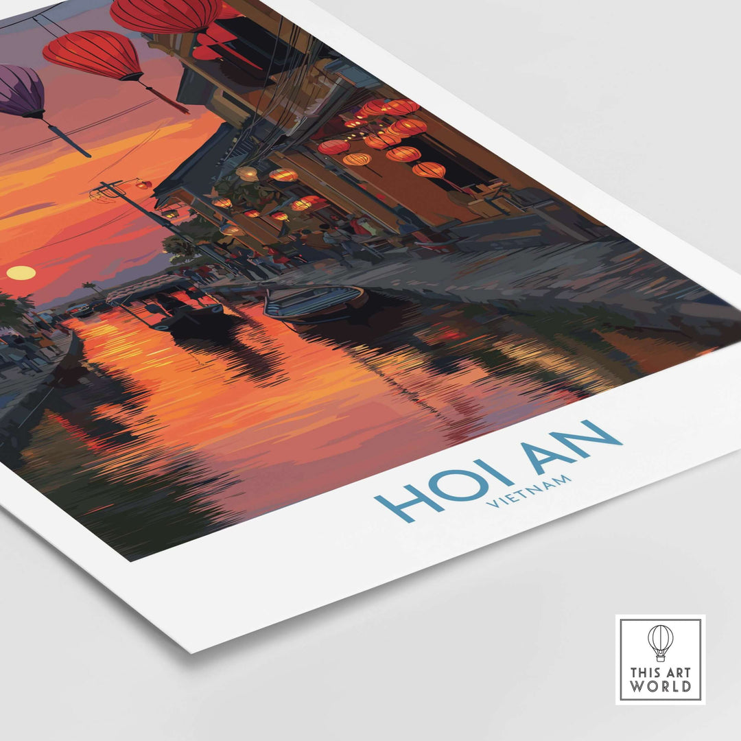 Hoi An Wall Art featuring serene riverside scene with vibrant lanterns and sunset reflections in Vietnam.