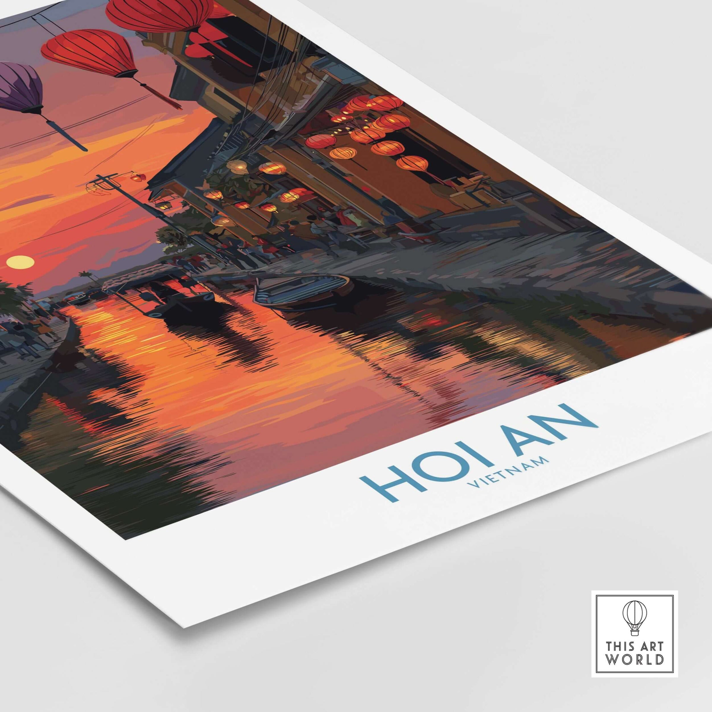 Hoi An Wall Art Vietnam - River Boats Poster featuring a serene river scene with colorful lanterns and sunset.
