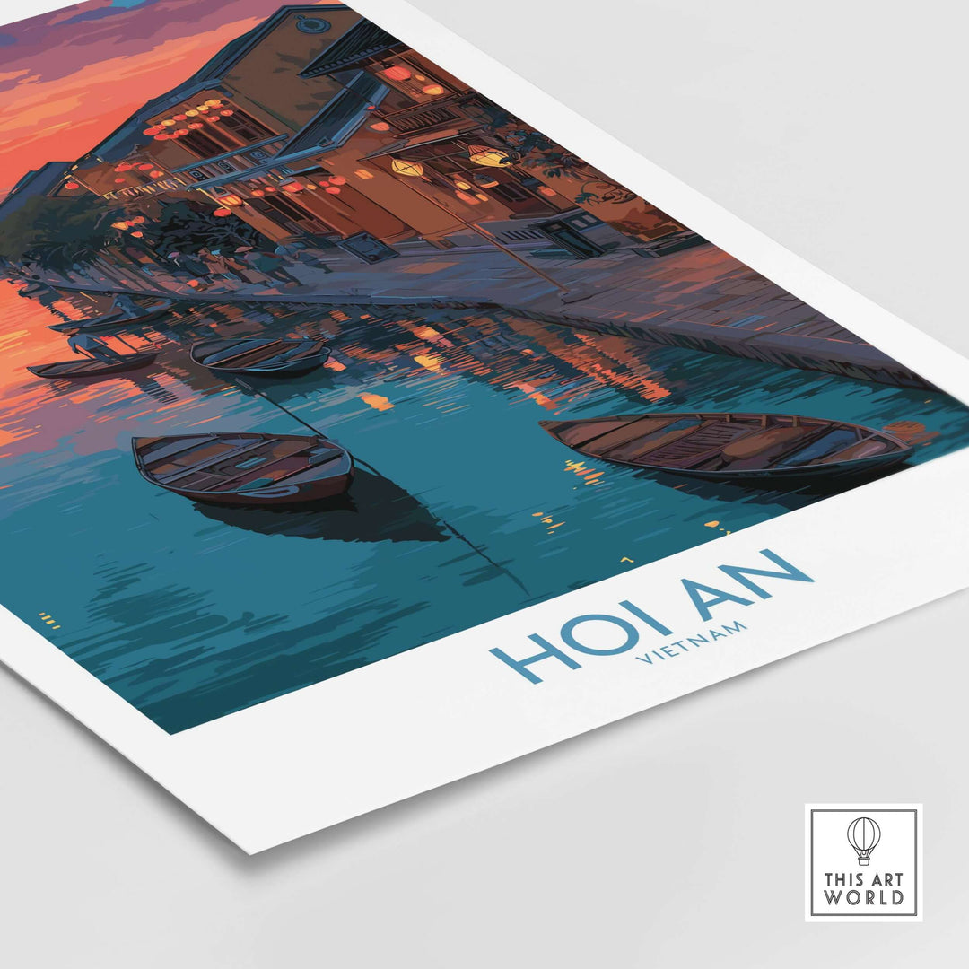 Hoi An colorful lantern poster showcasing vibrant sunset and boats on the water, perfect for home decor.