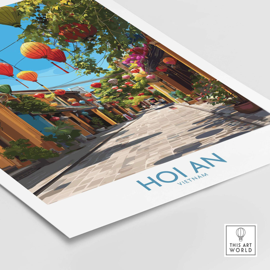 Colorful Hoi An Vietnam street with traditional lanterns, showcasing Vietnamese cultural decor.