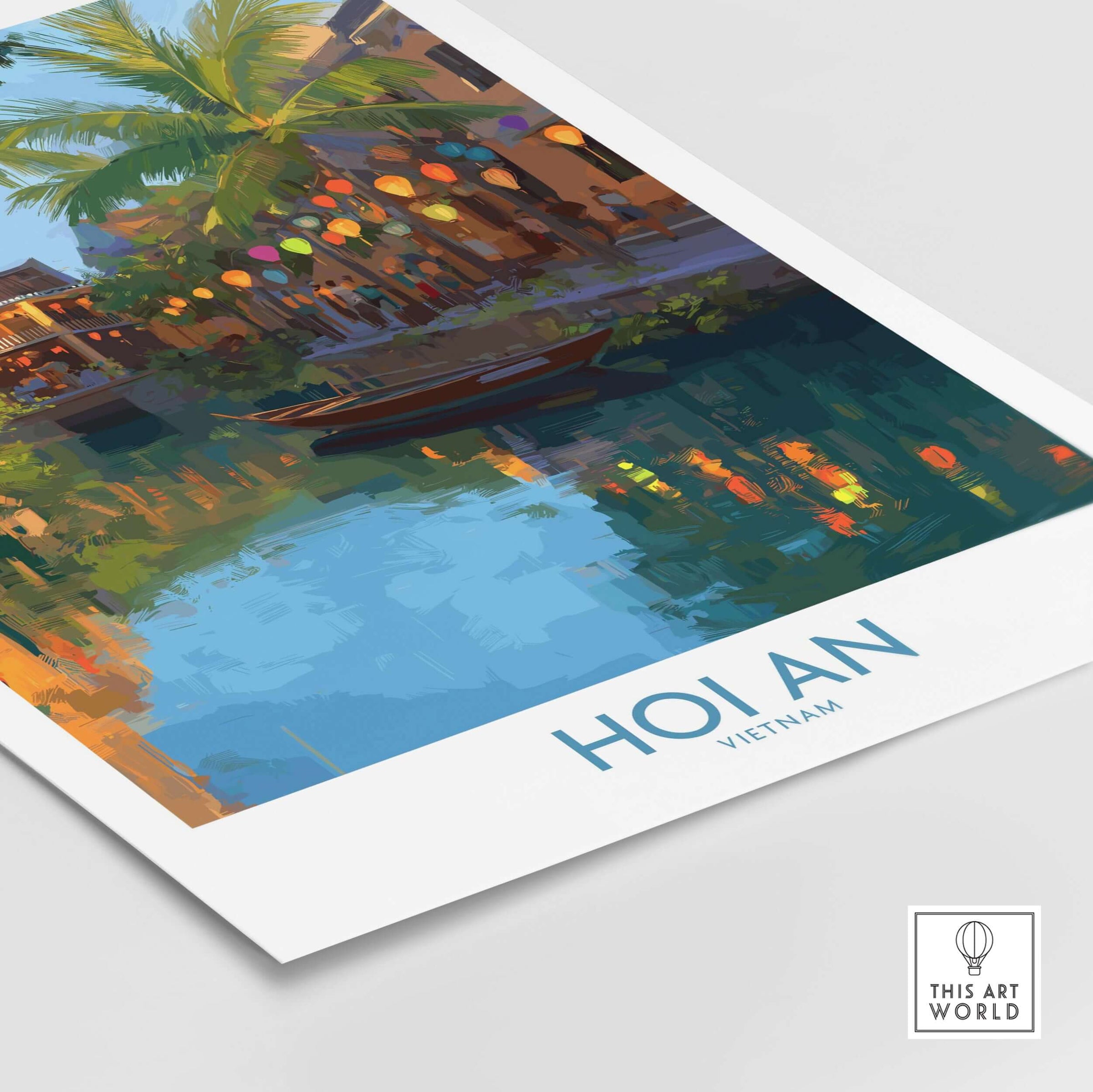 Hoi An Vietnam Wall Art - Vietnamese Evening Scene showcasing a tranquil river scene with lanterns and palm trees.