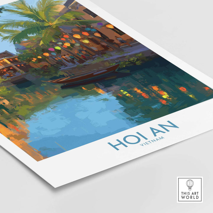 Hoi An Vietnam wall art, showcasing serene river scene with colorful lanterns and palm trees.