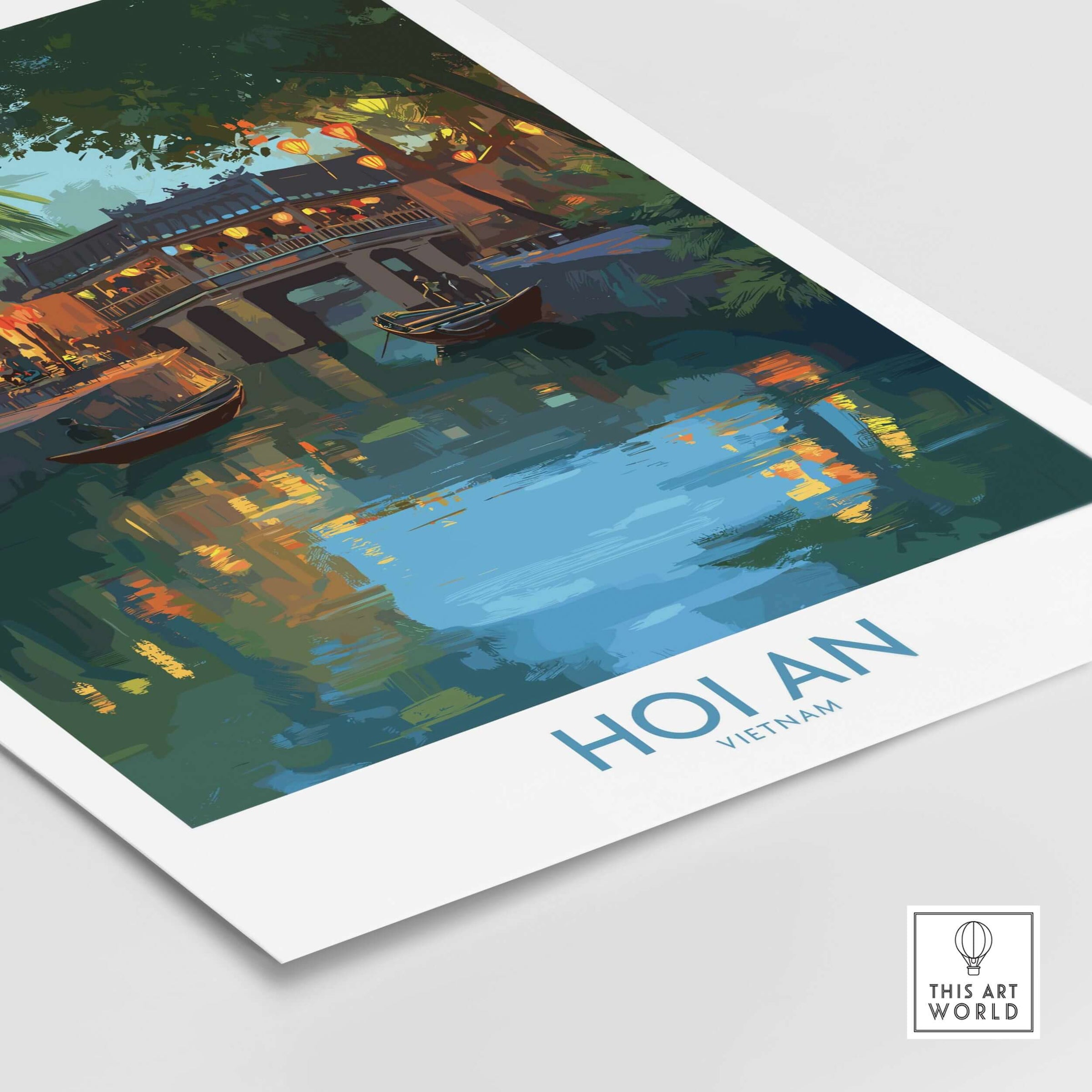 Hoi An Vietnam River Scene Wall Art - Vietnamese Heritage Decor showcasing serene river reflection and traditional boats.
