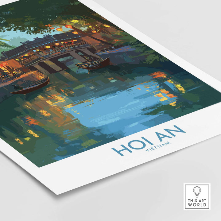 Hoi An Vietnam river scene wall art depicting boats and colorful reflections on water, capturing Vietnamese heritage.