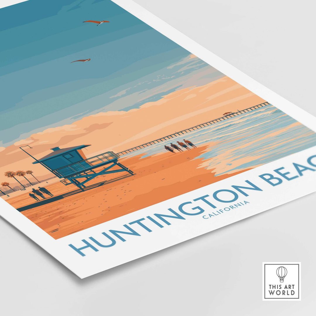 Huntington Beach Surfing Poster showcasing lifeguard tower and pier, vibrant California beach art decor.
