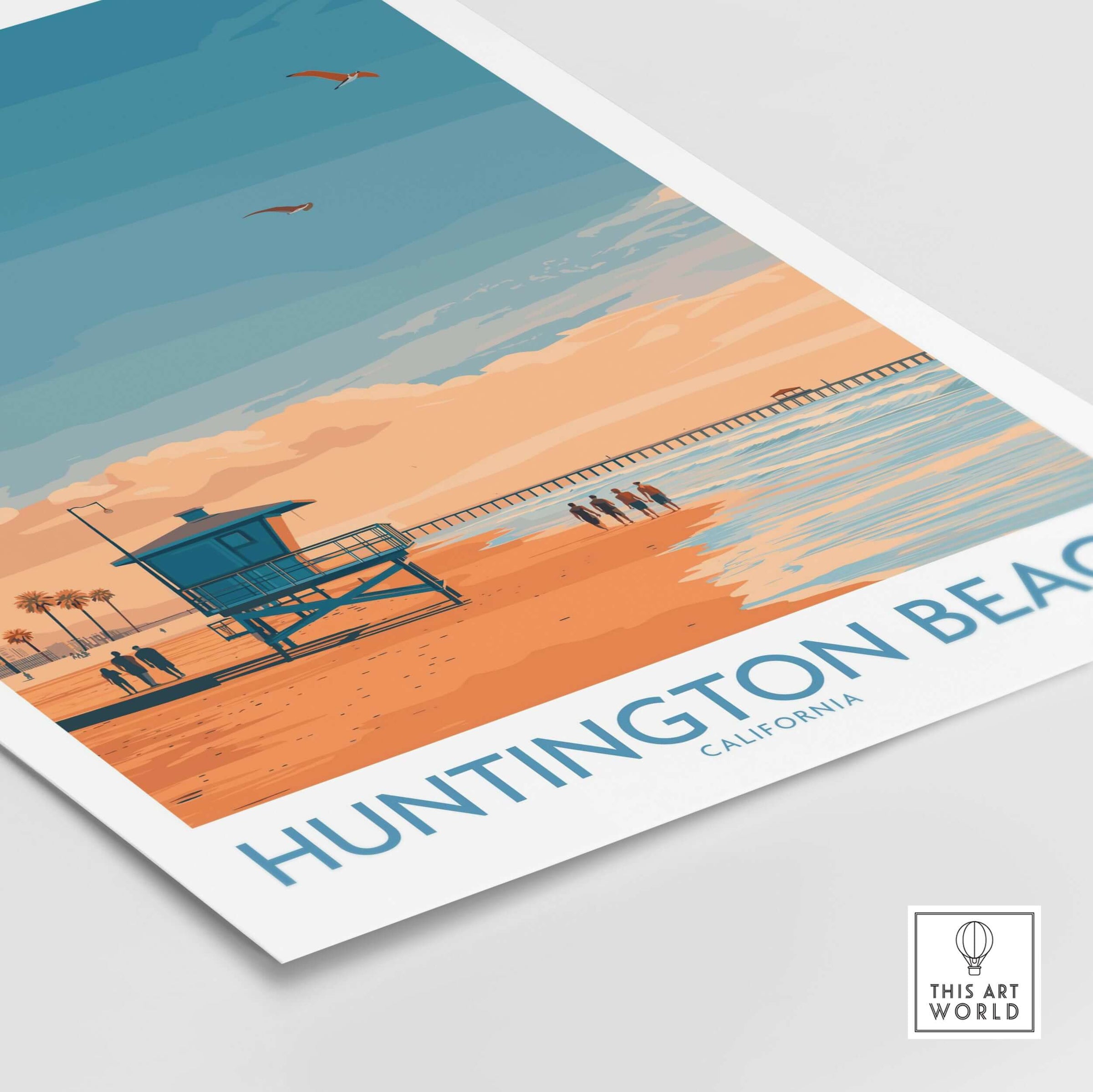 Huntington Beach Surfing Beach Poster - California Travel Decor featuring a lifeguard tower and sunset by the ocean.