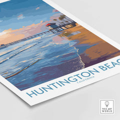 Huntington City Beach Orange County Poster - Surfing City Wall Art featuring vibrant ocean colors and a pier.