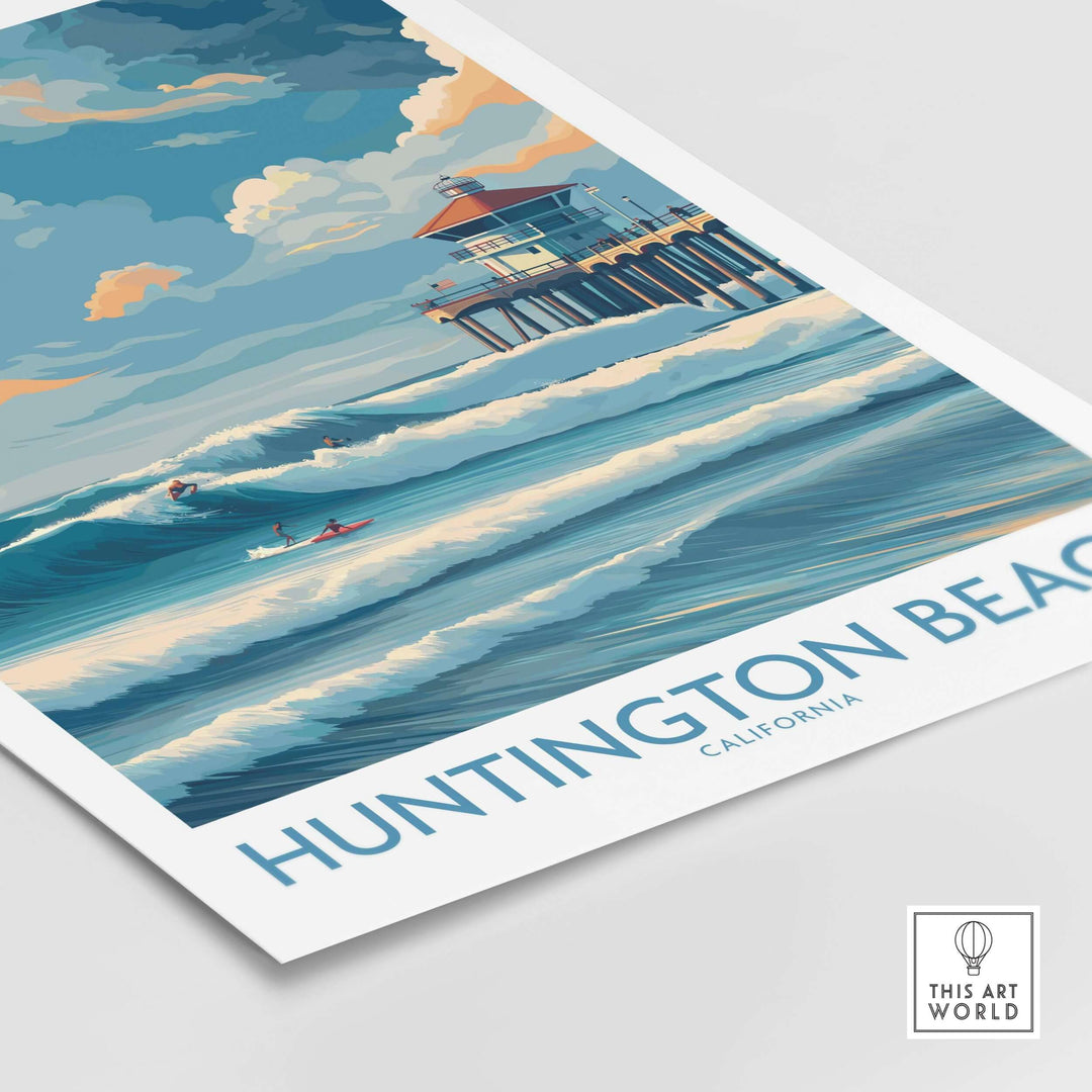 Huntington Beach California surfing poster featuring waves and a pier, perfect for coastal decor enthusiasts.