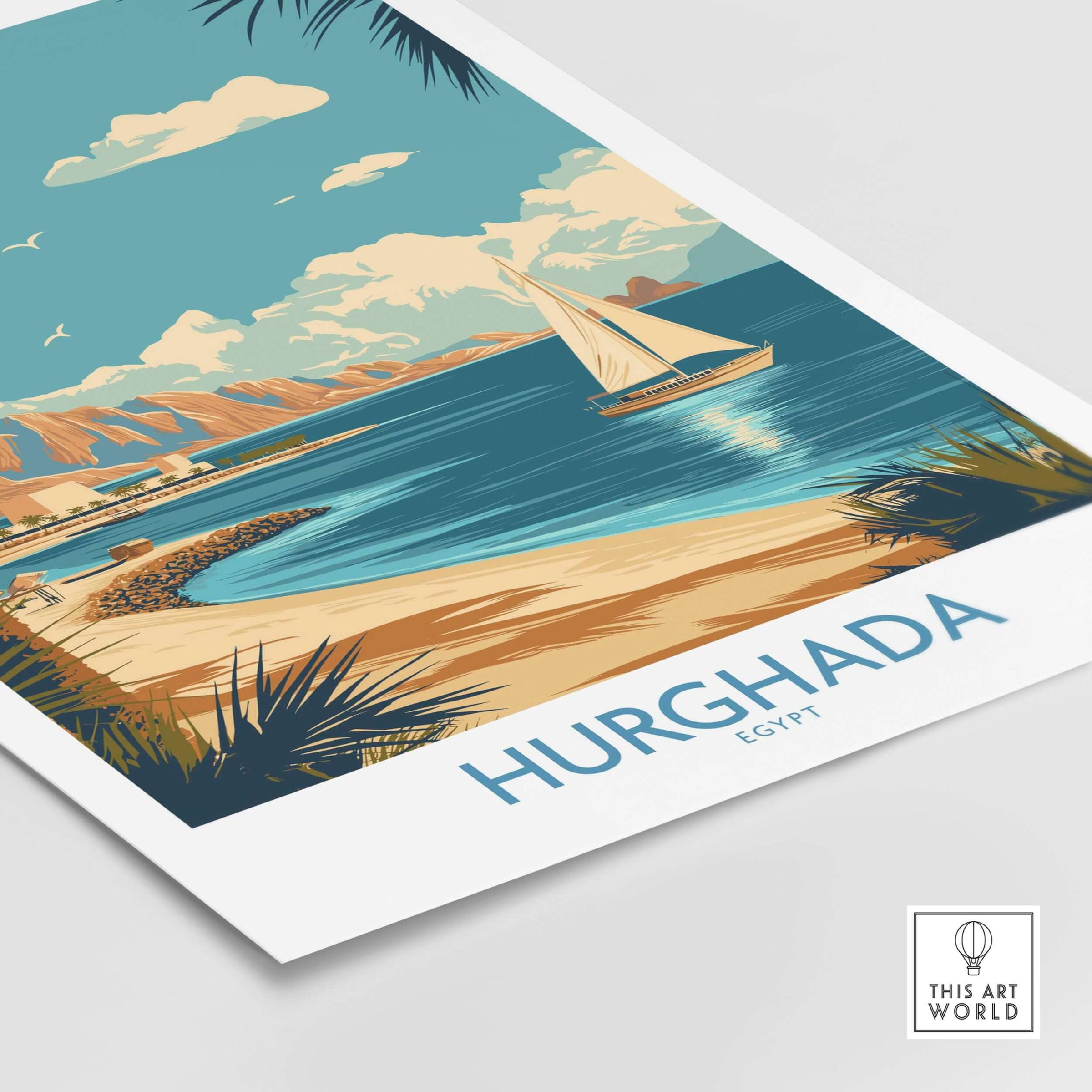 Hurghada Egypt Poster - Egyptian Coastal Decor featuring a sailboat on the Red Sea with scenic mountains.