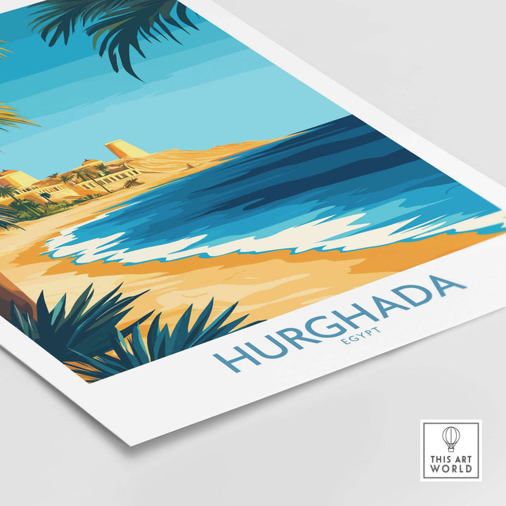 Vibrant wall art of Hurghada, Egypt, showcasing coastal scenery and tropical elements for exotic home decor.