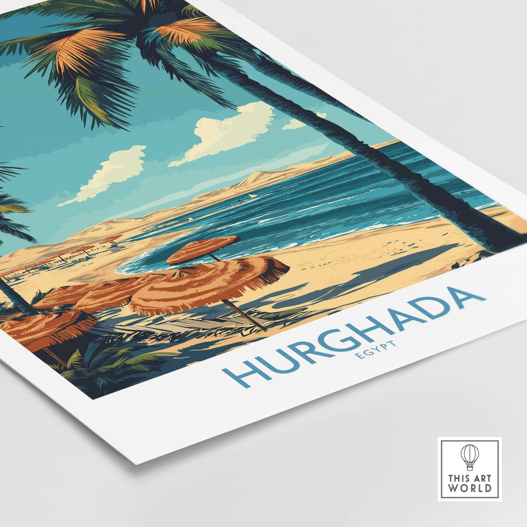 Vibrant Hurghada poster featuring a beach scene with palm trees and clear waters, perfect for Egyptian resort décor.