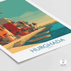Hurghada Egypt Wall Art - Travel Print featuring coastal scenes and boats on the Red Sea.