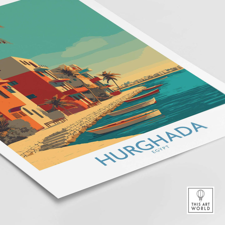Hurghada Egypt wall art print showcasing coastal scenery with vibrant buildings and boats by the Red Sea.