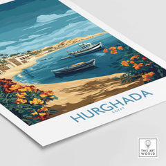 Hurghada Poster Egypt Art Print showcasing vibrant coastline and boats in stunning colors.