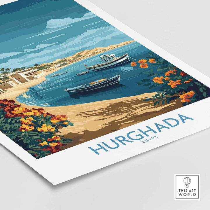 Colorful Hurghada poster featuring boats, flower accents, and a serene coastline in Egypt.