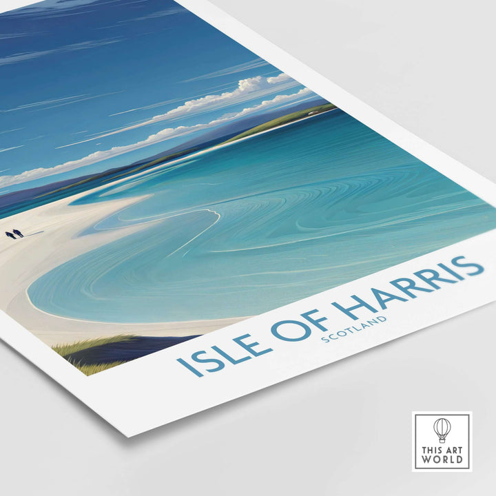 Isle of Harris travel poster showcasing Scotland's stunning coastal landscapes and vibrant blue waters.