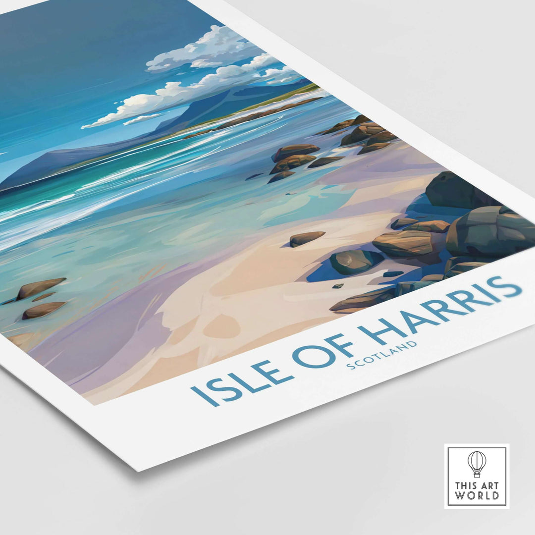 Isle of Harris poster showcasing clear waters and coastal seascape of Scotland, perfect for home decor.