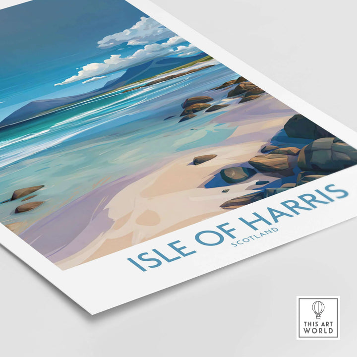 Isle of Harris poster showcasing clear waters and coastal seascape of Scotland, perfect for home decor.